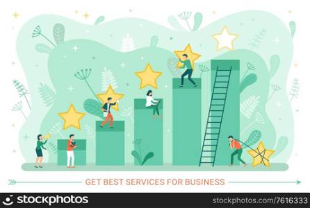 Best service vector, man and woman working hard on business development, making it better, chart with stars made of gold, ladder up and foliage poster. Get best services for business. Best Service Business Rate People with Star Vector
