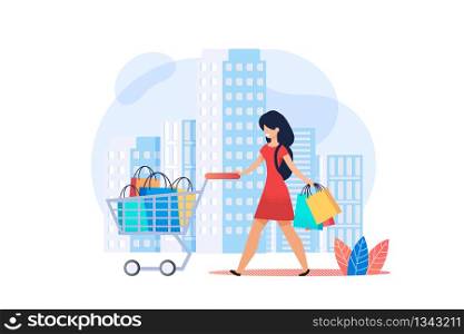 Best Shopping. Special Hours. Exclusive Coupons. Sunday News Paper with Coupons and Discounts for Department Stores. Supermarket advertises Stock. Girl carries Shopping Cart from Store.