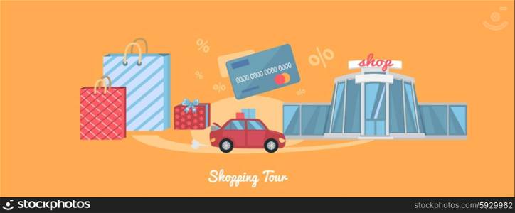 Best shopping tour car with paper bags. Shopping bag, shopping mall, store, shopping cart, shopping icon, sale, fashion. Concept in flat design
