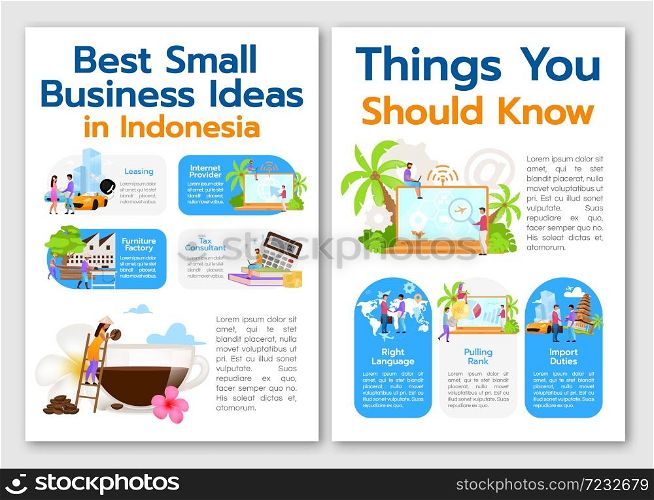 Best small business ideas in Indonesia brochure template. Flyer, booklet, leaflet print, cover design with linear illustrations. Vector page layouts for magazines, annual reports, advertising posters. Best small business ideas in Indonesia brochure template