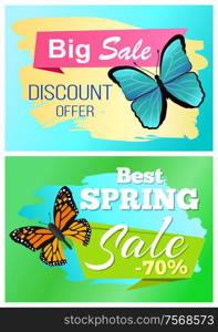 Best spring big sale 70 off stickers set color butterflies with ornaments and decorated wings, vector illustration of total price reduce discount vouchers. Best Spring Sale 70 Off Sticker Butterfly Vector