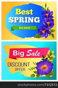 Best spring big sale advertisement label crocus purple flowers with yellow center vector illustration posters set. Emblems with blossom of plants. Best Spring Big Sale Advertisement Labels Crocus
