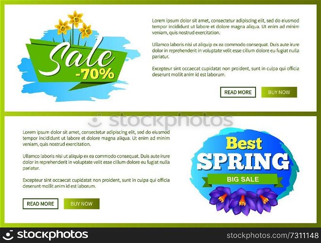 Best spring big sale advertisement label crocus purple flowers with yellow daffodils vector illustration web posters set. Emblem with blossom of plants. Best Spring Big Sale Advertisement Label Crocus