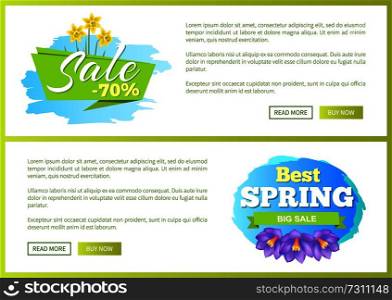 Best spring big sale advertisement label crocus purple flowers with yellow daffodils vector illustration web posters set. Emblem with blossom of plants. Best Spring Big Sale Advertisement Label Crocus