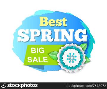 Best spring big sale discounts on products isolated icon vector. Flora blooming, ribbons with promotional text and flower with petals and leaves spring. Best Spring Big Sale Discounts on Products Icon