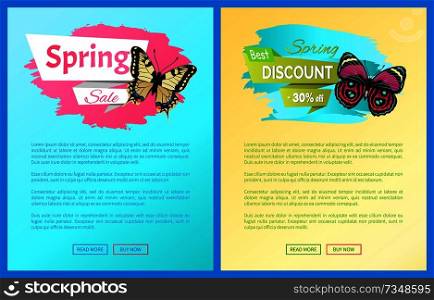 Best spring discount 30 off labels on posters butterflies, spots on wings, vector advertisement stickers on online banners with springtime creatures. Best Spring Discount Labels on Posters Butterflies
