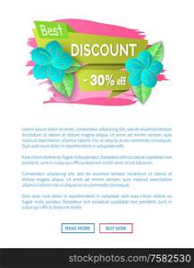 Best spring discount 30 percent off price banner vector. Special offer proposition seasonal sale, floral decoration flowers on web poster with text sample. Best Spring Discount 30 Percent Off Price Banner