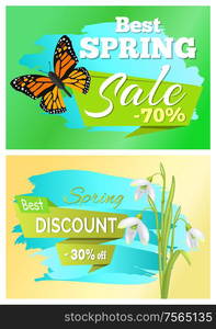 Best spring sale 70 discount promo price 30 off set of stickers with brown butterfly and white snowdrops vector advertisements springtime emblems. Best Spring Sale 70 Off Discount Promo Price 30