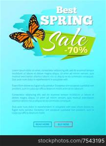 Best spring sale 70 off sticker butterfly of orange color with ornaments and decorated wings, vector illustration online web poster push button. Best Spring Sale 70 Off Sticker Butterfly Vector