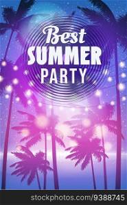 Best Summer Party Template Design, Night Beach Palms Poster, Flyer. Vector background card adverising isolated illustration. Best Summer Party Template Design, Night Beach Palms Poster, Flyer