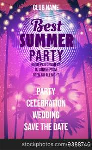 Best Summer Party Template Design, Night Beach Palms Poster, Flyer. Vector background card advertising isolated illustration. Best Summer Party Template Design, Night Beach Palms Poster, Flyer