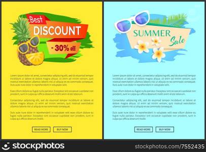 Best summer sale 30 percent posters set vector. Pineapple and sunglasses with flowers and palm leaves. Discount and seasonal sales, price reduction. Best Summer Sale 30 Percent Vector Illustration