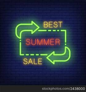 Best summer sale lettering in neon style. Vector illustration with glowing text and green direction arrows. Night bright template for banners, billboards, signboards