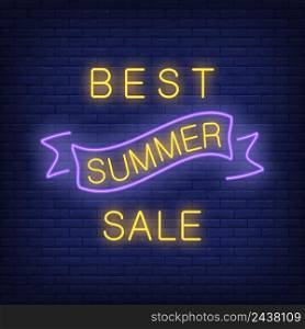 Best summer sale lettering on brick wall in neon style. Purple ribbon waving dark brick wall. Night bright advertisement. Vector illustration in neon style for sale and retail store