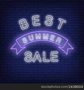 Best summer sale neon sign with arc scroll. Purple ribbon with text on brick wall. Night bright advertisement. Vector illustration in neon style for shopping and boutique