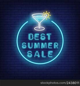 Best summer sale neon text and cocktail in circle. Seasonal offer or sale advertisement design. Night bright neon sign, colorful billboard, light banner. Vector illustration in neon style.