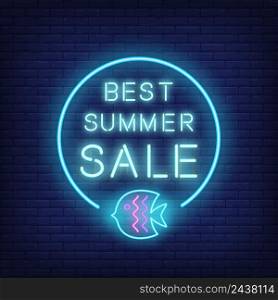 Best summer sale neon text and fish in circle. Seasonal offer or sale advertisement design. Night bright neon sign, colorful billboard, light banner. Vector illustration in neon style.