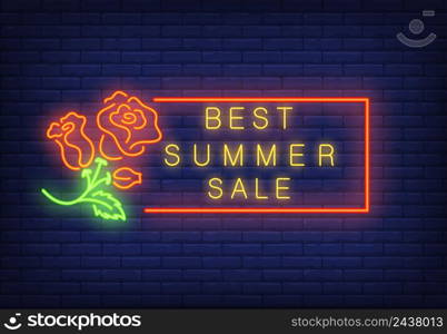 Best summer sale neon text in frame and roses. Seasonal offer or sale advertisement design. Night bright neon sign, colorful billboard, light banner. Vector illustration in neon style.