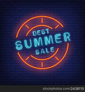 Best summer sale sign in neon style. Vector illustration with blue text in round frame and red st&. Template for night bright banners, billboards, signboards