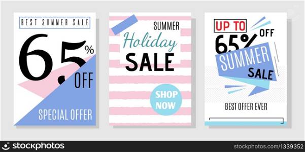 Best Summer Sales Offer on Holiday Flat Flyers Set. Social Cards or Stories Promoting Shopping with 65 Percent off. Advertising Banners with Special Discounts. Vector Illustration in Creative Design. Best Summer Sales Offer on Holiday Flat Flyers Set