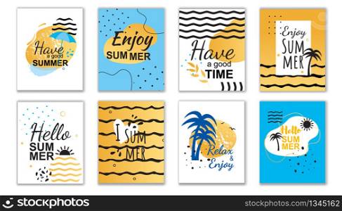 Best Summer Wishes and Greetings in Handwritten Cards Set. Posters with Abstract Backdrop in Tropical Style. Vector Flat Palms and Water Waves Illustration. Invitation and Welcoming For Vacation. Best Summer Wishes and Greetings in Cards Set