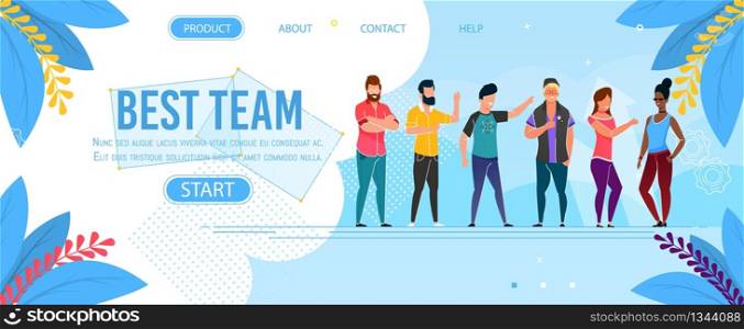 Best Team Character Landing Page Presentation. Cartoon Office Multiracial Male and Female Employees Working Together. Vector Casual Coworking Freelancers Illustration. Cheerful Smiling Men and Women. Best Team Character Landing Page Presentation