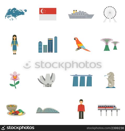 Best tourists attractions in singapore and national cultural symbols flat icons set abstract vector isolated illustration. Singapore Culture Flat Icons Set