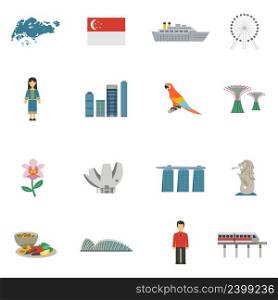 Best tourists attractions in singapore and national cultural symbols flat icons set abstract vector isolated illustration. Singapore Culture Flat Icons Set