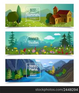 Best tours for summer vacation travel agency advertisement 3 horizontal landscape banners set abstract isolated vector illustration. Summer landscape horizontal banners set