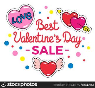 Best valentines day sale, promotional banner for holiday in winter. Heart shaped figures with wings and arrows, bokeh decor and calligraphic inscription. Proposal from shops at market vector. Best Valentines Day Sale, Special Holiday Offer