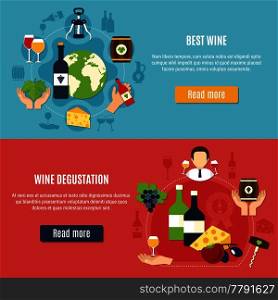 Best wine and degustation horizontal banners set on colorful background flat isolated vector illustration. Wine Flat Banners Set