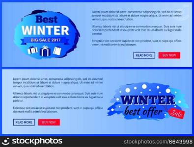 Best winter big sale 2017 vector illustration landing pages design with place for ext informing about reduction of prices, shopping labels with gifts. Best Winter Sale 2017 Vector Landing Page Posters
