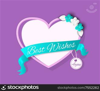 Best wish banner heart shaped wedding greeting box vector. Celebration special day of couple, tag and ribbon with text sample flora in blossom flowers. Best Wish Banner Heart Shape Wedding Greeting Box
