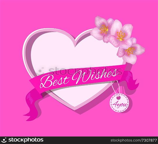 Best wishes 4 you greeting card design with heart shape border for text and white anemone flowers vector illustration in realistic design, Valentines day. Best Wishes 4 you Greeting Card Design with Heart