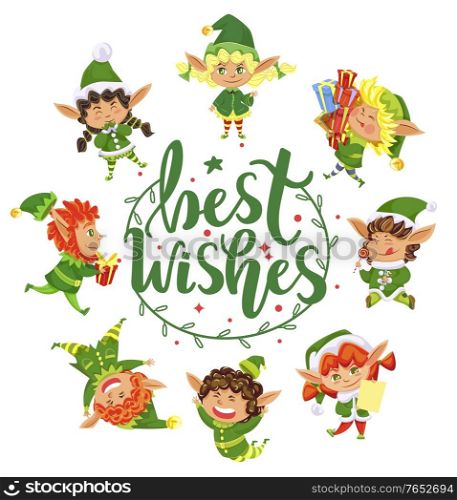 Best wishes greeting card with calligraphic inscription and cute elves in circle. Kids smiling and jumping around wreath of mistletoe. Girls and boys with presents on xmas winter holidays, vector. Best Wishes Greeting Card with Elves Xmas Holidays
