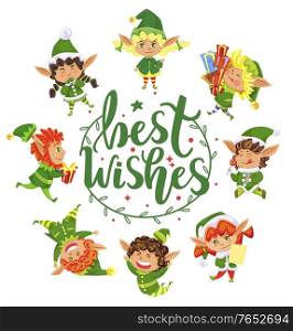 Best wishes greeting card with calligraphic inscription and cute elves in circle. Kids smiling and jumping around wreath of mistletoe. Girls and boys with presents on xmas winter holidays, vector. Best Wishes Greeting Card with Elves Xmas Holidays