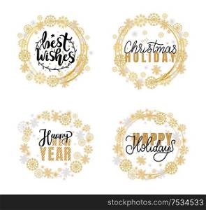 Best wishes, Happy New Year and merry Christmas winter holidays inscriptions, greeting cards design. Lettering font signs, doodles in wreath of snowflake. Best Wishes Merry Bright Christmas Winter Holidays