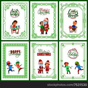 Best wishes happy New Year Merry Christmas postcards set vector. Santa Claus with kid on laps, children skating, girl making handicraft handmade gifts. Best Wishes Happy New Year Merry Christmas Set