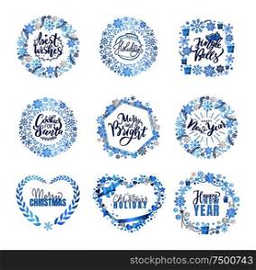Best wishes, merry and bright, Christmas winter holidays greeting cards in blue decorative frames. Lettering signs and snowflakes. New Year heart borders. Best Wishes Merry Bright Christmas Winter Holidays