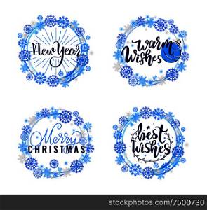 Best wishes, merry warm Christmas winter holidays greeting cards, lettering fonts, doodles in wreath of snowflakes. Inscription, New Year celebration. Best Wishes, Merry Warm Christmas Winter Holidays