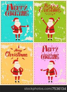 Best wishes of Merry Christmas from Santa Claus cartoon characters on greeting cards. Saint Nicholas showing ok sign, hands up, welcome gestures vector on grunge. Best Wishes, Merry Christmas, Santa Claus cartoon