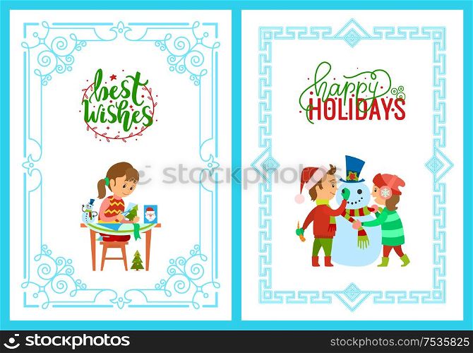 Best wishes on Christmas holidays, child making handmade greeting post, pine evergreen tree and Santa Claus cutting. Children with snowman outdoors vector. Christmas Holidays Girl with Card Kids and Snowman