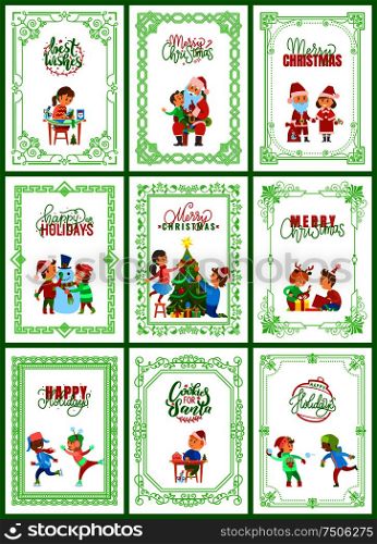 Best wishes on Christmas holidays posters set vector. Girl making presents handmade, Santa Claus and helper, decoration of evergreen tree, ice skating. Best Wishes on Christmas Holidays Posters Set