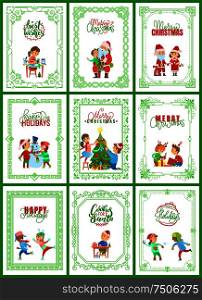 Best wishes on Christmas holidays posters set vector. Girl making presents handmade, Santa Claus and helper, decoration of evergreen tree, ice skating. Best Wishes on Christmas Holidays Posters Set