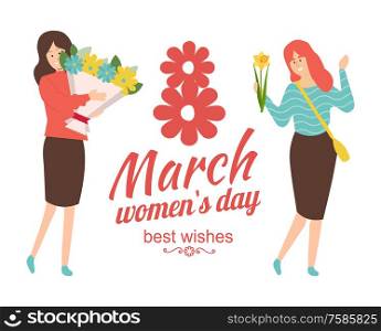 Best wishes on international 8 March womens day, happy females with flowers. Vector caucasian girls with blooming gifts, cartoon style people, flat design. Best Wishes on International 8 March Womens Day