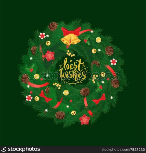 Best wishes pine tree vector, wreath decorated with bells and bows. Cone with star toys decoration, decorative elements spruce, coniferous branches. Best Wishes Pine Tree Wreath with Bells and Bows