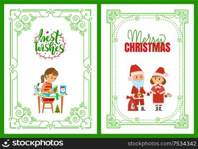 Best wishes postcard in ornamental frame with girl cutting postcard from paper. Santa Claus and Snow Mermaid vector. Christmas winter holidays characters. Santa Claus and Helper in Traditional Costumes