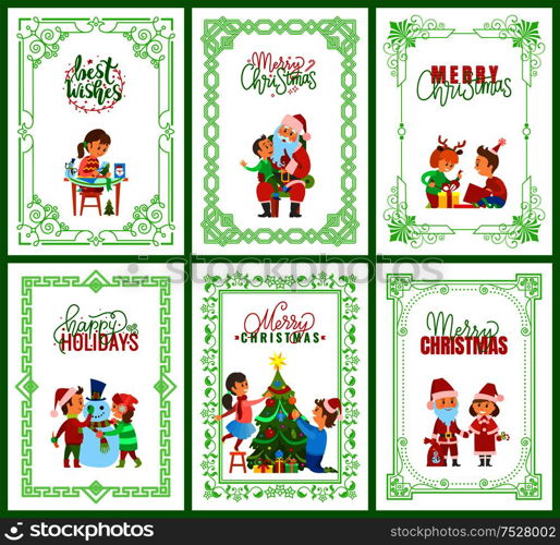 Best wishes, Santa Claus with kids on laps set vector. Snowman character building, children unpacking presents, father and daughter decorating tree. Best Wishes, Santa Claus with Kids on Laps Set