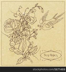 Best wishes vintage greetings card design with rose sweet peas flowers and bird outline sketch vector illustration