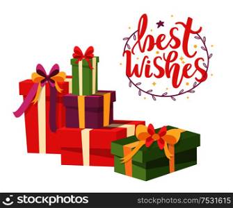 Best wishes, wrapped Xmas presents icons isolated. Vector package boxes, stripes decorations, surprise on New Year holidays, topped by bow packs. Merry Christmas Wrapped Xmas Presents Boxes Icons